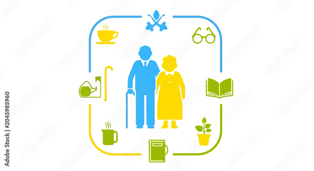 Fototapeta premium Illustration of elderly couple surrounded by daily living activity icons.