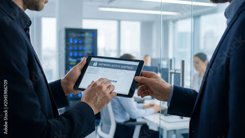 Business professionals discussing data on digital tablet in modern office meeting room