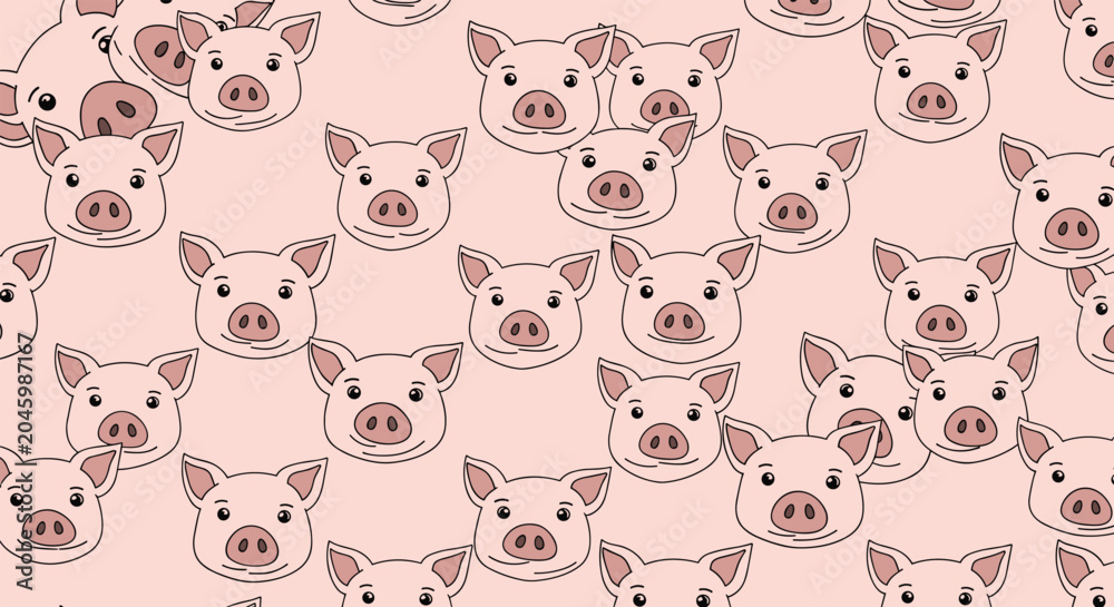 Fototapeta premium Cute repeating pattern of smiling pink pig faces on a light pink background perfect for nursery or kids' products.