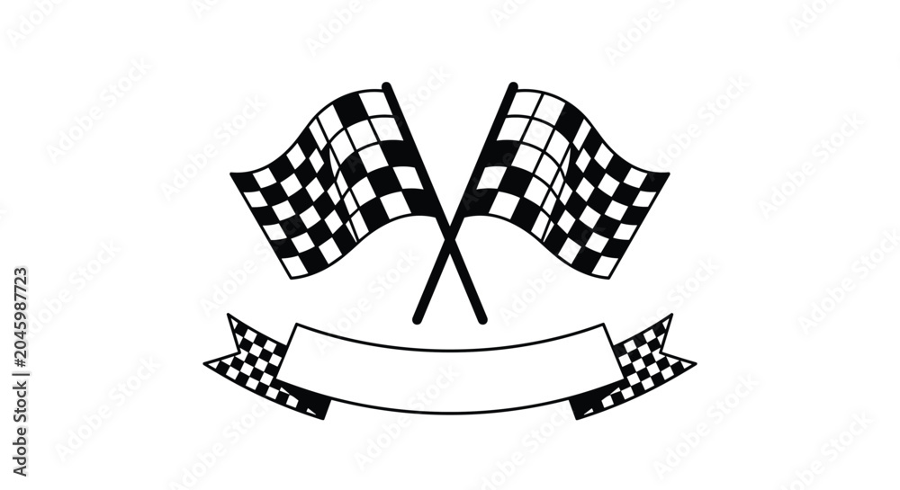 Naklejka premium Pair of crossed checkered racing flags with a blank banner ribbon below, ideal for automotive competition logos.
