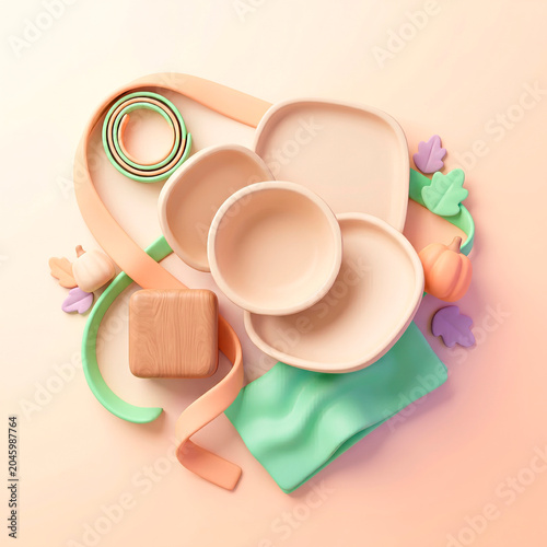 Pastel clay tableware set with cups plates and small decorative elements on mint green surface for kawaii kitchen design [copy space]