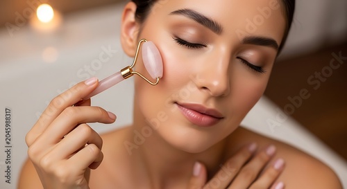 Woman using a rose quartz facial roller for skincare routine