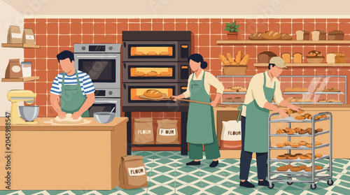 Tableau sur toile Bakers working in a traditional bakery, making and selling fresh bread and pastr