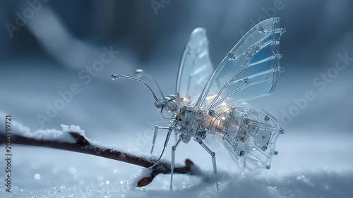 Delicate glass butterfly illuminated on snowy branch