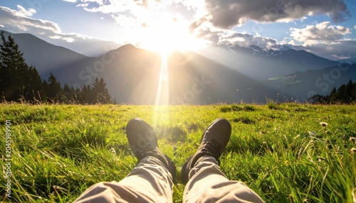 A relaxing moment, low angle view of legs against a vibrant meadow and mountain range
