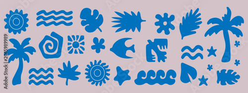 Obraz na płótnie Bold blue monochromatic mediterranean coastal icon set with waves shells palm tree bird and organic shapes on white background