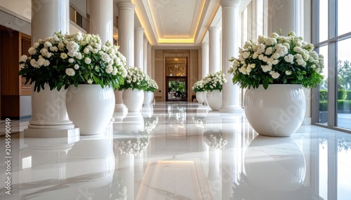 Grand, sunlit corridor with potted white flowers flanking polished marble floors