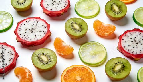 Assorted fresh sliced fruit on white background