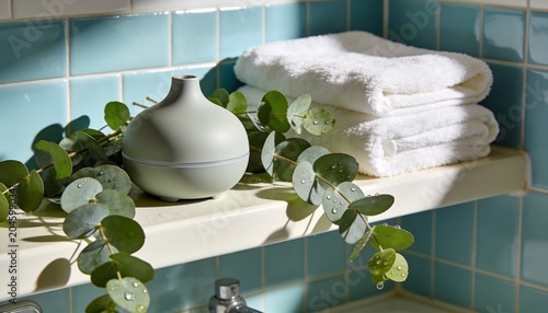 Spa bathroom shelf with eucalyptus and folded towels