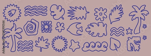 Tropical beach elements in blue line,