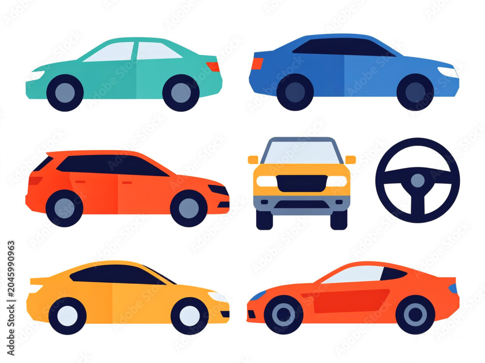 Fototapeta premium Flat modern car vector set with sedan, SUV, and steering wheel isolated , tire, speedometer isolated on white 