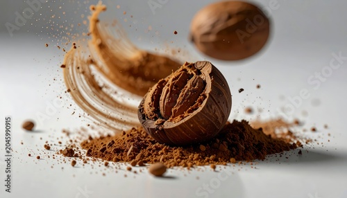 Dynamic macro shot of whole nutmeg cracking in mid air with flying powder trail