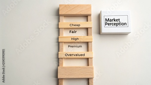 Market perception ladder showing various price evaluation terms such as cheap, fair, high, premium, and overvalued in a minimalistic design