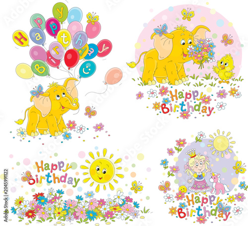 Happy birthday cards with a baby elephant, a smiling sun and a cute little princess, a set of vector cartoon illustrations isolated on a white background