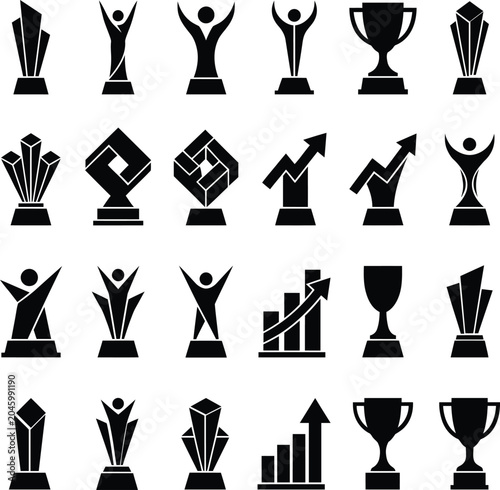 Set of black vector trophy and achievement award icons, business success and victory symbol collection