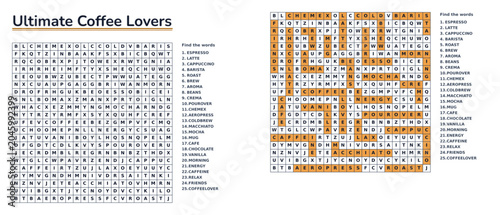 Mega word search puzzle on the topic of Coffee Lovers with answers for children and adults, difficult level