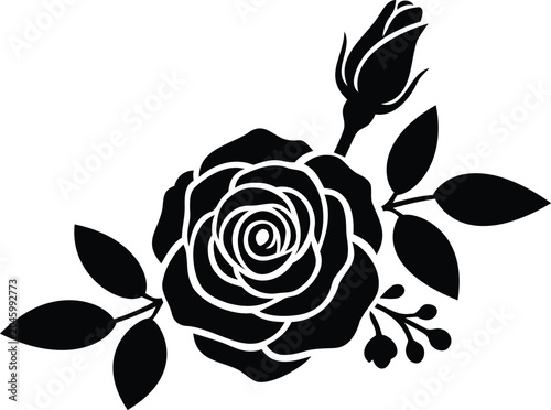 Black Rose Bloom with Bud and Leaves Silhouette Vector