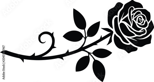 Black Curved Thorny Rose Branch Silhouette Cutout Vector