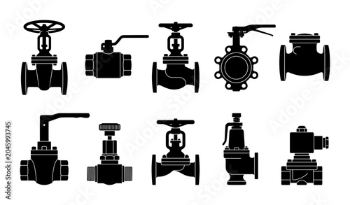 Set of industrial valves silhouette icons for engineering