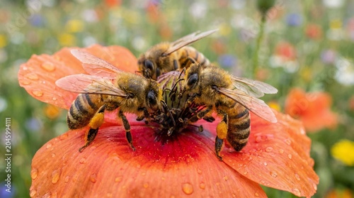 Close Up of Multiple Honey Bees Gathering Pollen on a Red Poppy Flower in a Meadow
