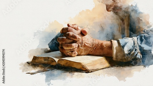 Watercolor Man Praying Over Open Bible