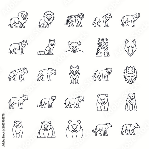Photography Collection of stylized line art icons representing various wild animals, including lions, tigers, wolves, and bears