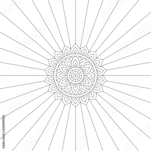 Mandala Sunburst Coloring Page with Floral Lotus Pattern for Adults