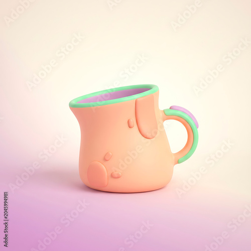 Cute pastel clay mug with mint green rim on soft purple pink background for cozy kawaii autumn design [copy space]
