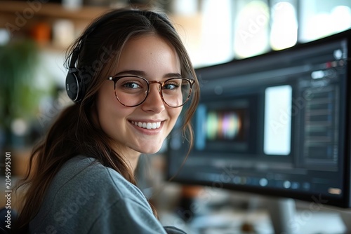Creative young female video editor in glasses happily editing video on computer in stylish office.