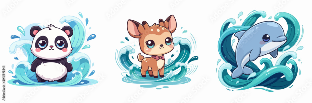 Naklejka premium Cartoon animals swimming in water waves with playful expressions