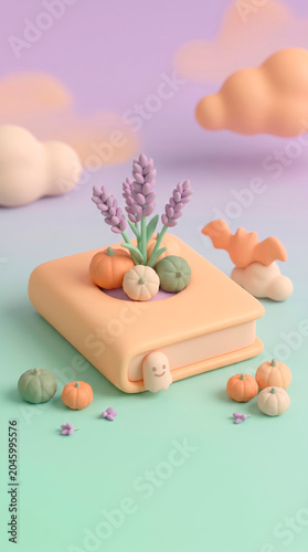Pastel clay book with autumn vegetables lavender and small clouds on mint green background for cozy kawaii seasonal design [copy space]