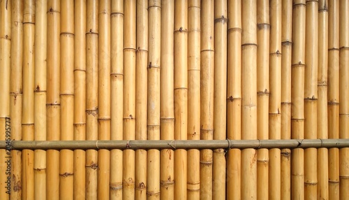 Close-up of a warm, golden-toned bamboo fence, with individual stalks aligned vertically, and a horizontal crossbar