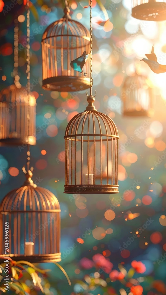 Obraz premium Enchanting Vintage Bird Cages Hanging Outdoors.