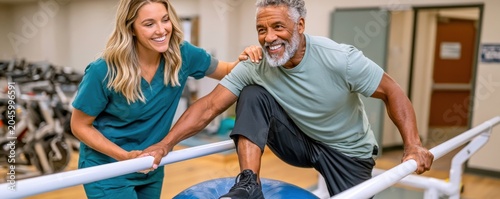 Older man undergoing physical therapy with smiling therapist using balance ball and parallel bars during rehabilitation session