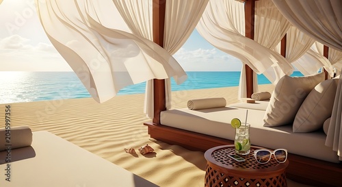 Relaxing beach cabana with flowing curtains and ocean view on a sunny day