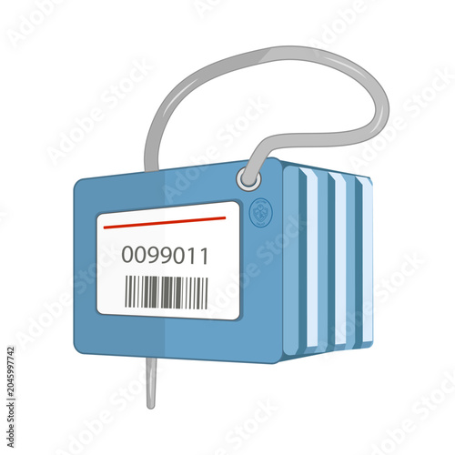 Security plastic seal lock icon with barcode and cable. Blue security seal lock with metallic cable loop. Industrial safety and logistics concept icon on white background. Vector illustration