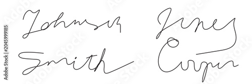 Tableau sur toile Set of hand drawn fake signatures or autographs for Johnson, Jones, Cooper and Smith