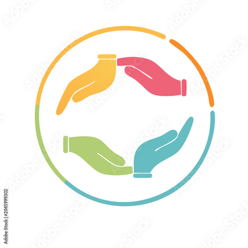 Colorful hands forming a circle, symbol of teamwork and unity