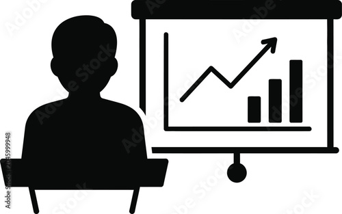 Silhouette of a person giving a presentation with a financial chart showing upward growth isolated on white background