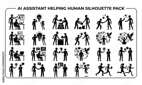 AI assistant helping human silhouette pack unique designs vector illustration