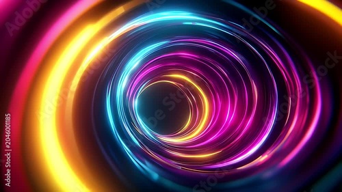 Abstract background with glowing neon light circles forming a tunnel effect.