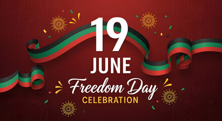 Juneteenth Freedom Day Celebration Banner with Decorative Ribbon and Sparkles on Dark Red Background