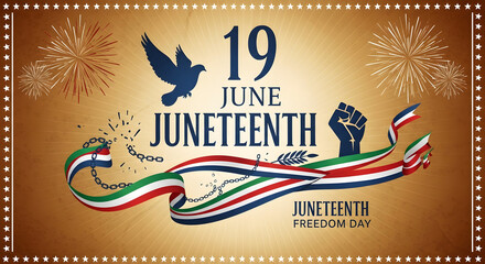 Juneteenth celebration banner with flying dove and colorful ribbons for freedom and unity
