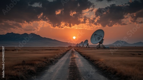 Cinematic view of a large working radio telescope dish in a valley at sunset. Global communication, satellite internet and space technology concept