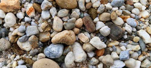 Obraz na plátne Wet river pebbles gleaming beneath shallow streaming water, highlighting organic