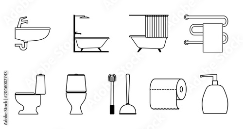 Canvastavla A set of essential bathroom elements including sinks, toilets, bathtubs, and cleaning tools, presented as simple vector illustrations