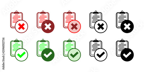 Foto Collection of graphic symbols showing checkmarks and crosses on document pages, indicating positive and negative status