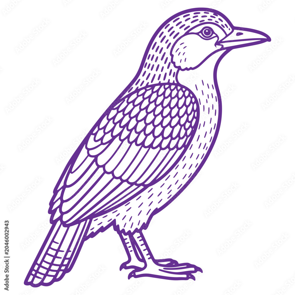 Fototapeta premium Purple sketched crow or raven bird standing sideways with detailed feathers and sharp beak isolated on transparent background