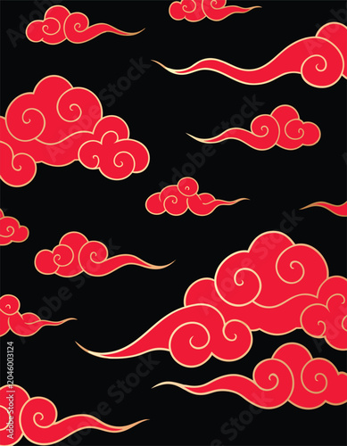 Whimsical East Asian Decorative Elements: Cloud, Wave, and Geometric Patterns,