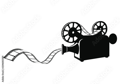 Vintage film camera with a winding film strip in a clean silhouette style,